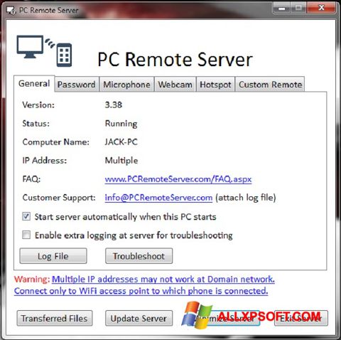 Screenshot PC Remote Server para Windows XP