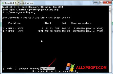 Screenshot TestDisk para Windows XP