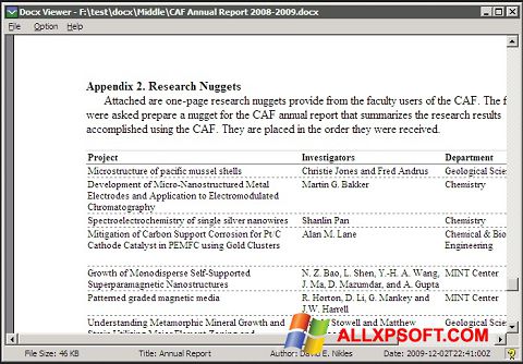 Screenshot DocX Reader para Windows XP