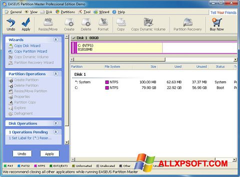Screenshot EASEUS Partition Master para Windows XP