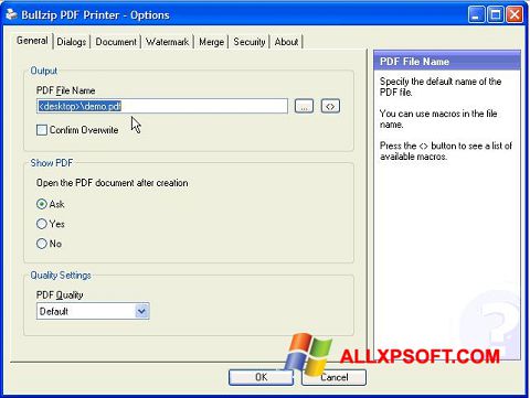 Screenshot BullZip PDF Printer para Windows XP