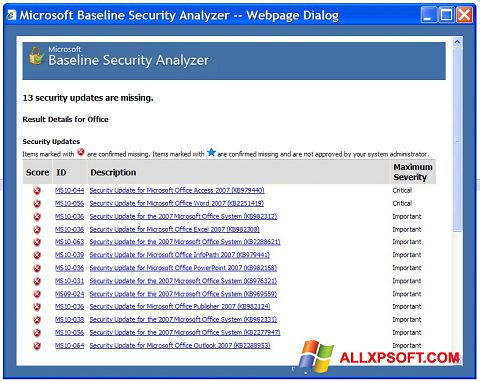 Screenshot Microsoft Baseline Security Analyzer para Windows XP