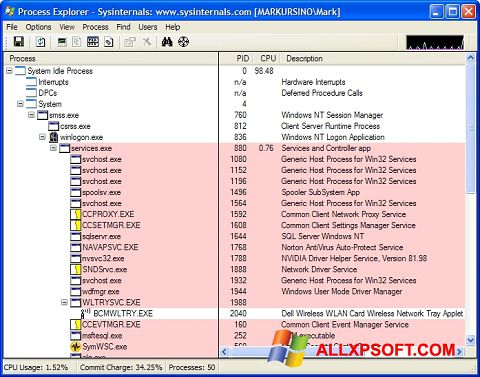 Screenshot Process Explorer para Windows XP