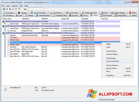 Screenshot AutoRuns para Windows XP
