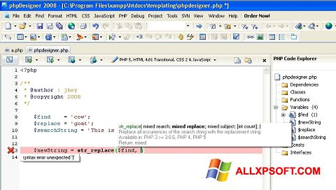 Screenshot phpDesigner para Windows XP
