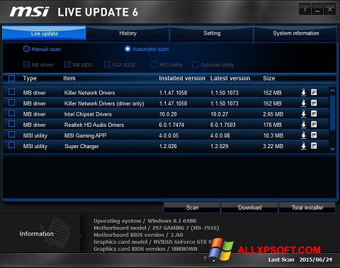 Screenshot MSI Live Update para Windows XP