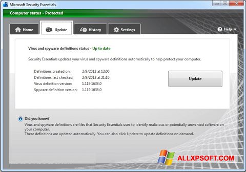 Screenshot Microsoft Security Essentials para Windows XP
